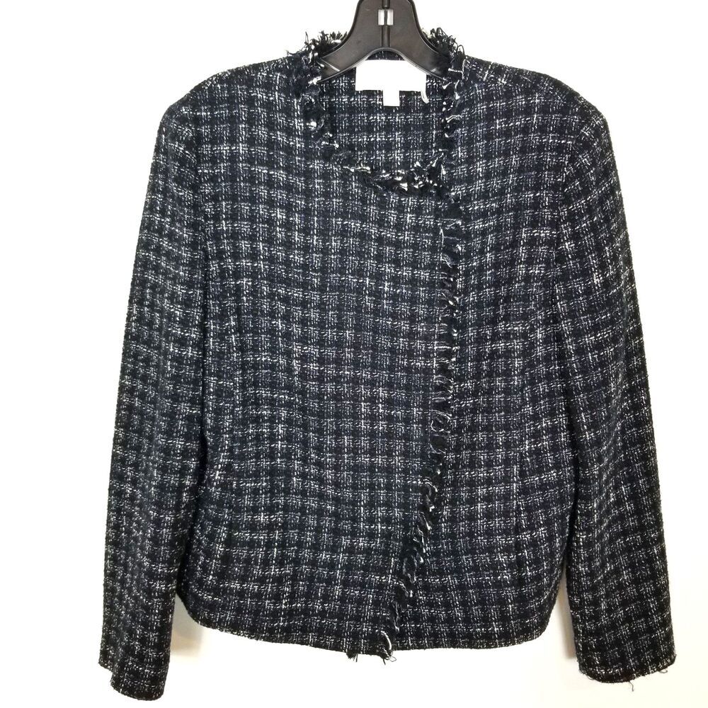 Boss Jicara Tweed‎ Jacket Blazer Women Sz US 8 Cotton Blend Navy Plaid Preppy